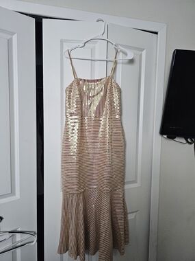 New York & Company Rose Gold Sequin Striped Strapless Midi Dress